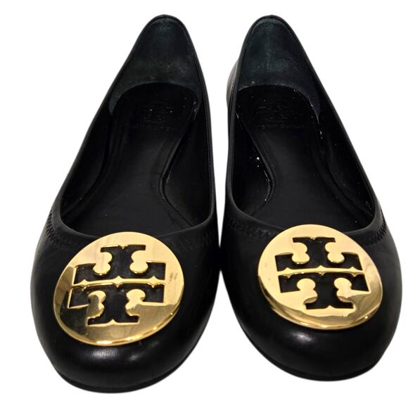 Tory Burch Reva Mestico Ballet Flats Black Leather Round Toe Logo Medallion 6 - Picture 10 of 16